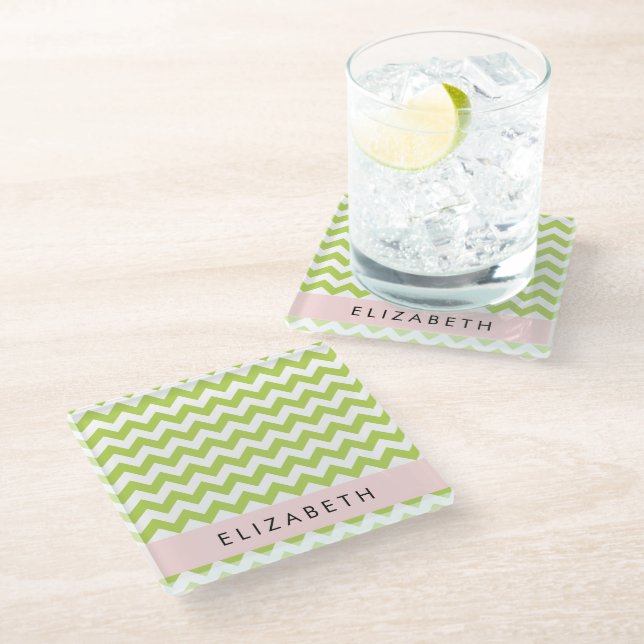 Green Zigzag, Green Chevron, Your Name Glass Coaster (Angled)