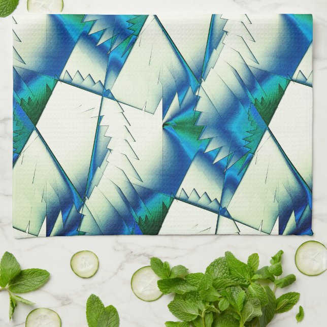 Green zigzag or saws on intense cyan to royal blue tea towel (Folded)