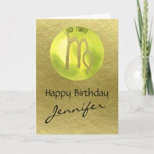 Green Zodiac Sign Virgo on Gold Background Holiday Card