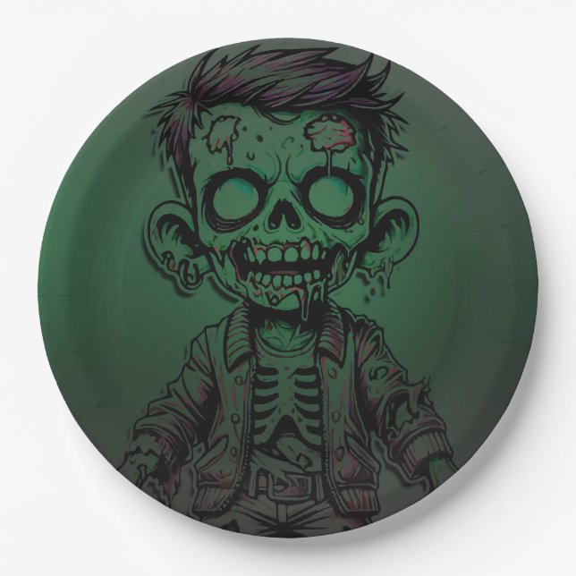 Green Zombie Kid Halloween Birthday Party Paper Plate (Front)