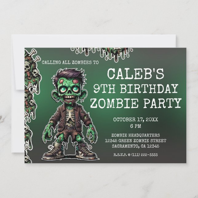 Green Zombie Kid & Slime Halloween Birthday Party Invitation (Front)