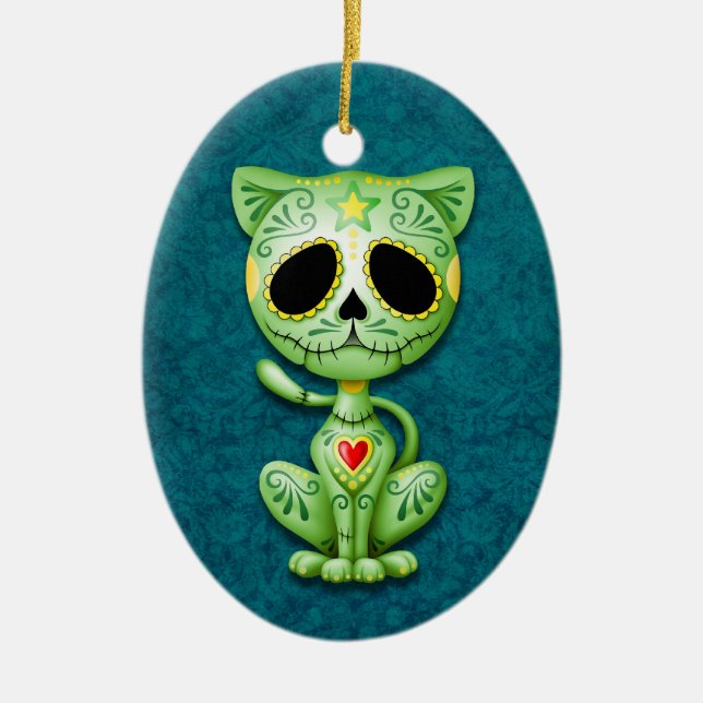 Green Zombie Sugar Kitten Ceramic Tree Decoration (Front)