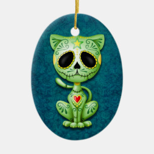 Green Zombie Sugar Kitten on Blue Ceramic Tree Decoration