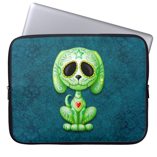 Green Zombie Sugar Puppy Dog on Blue Laptop Sleeve (Front)
