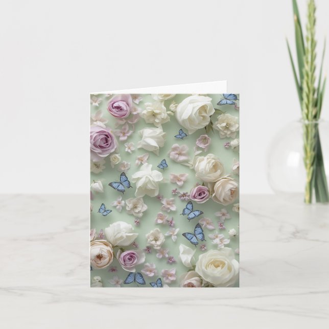 Greenbackground, butterflies & flowers Blank Card  (Front)
