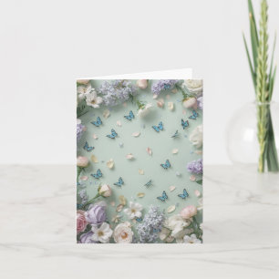 Greenbackground, butterflies & flowers Blank Card