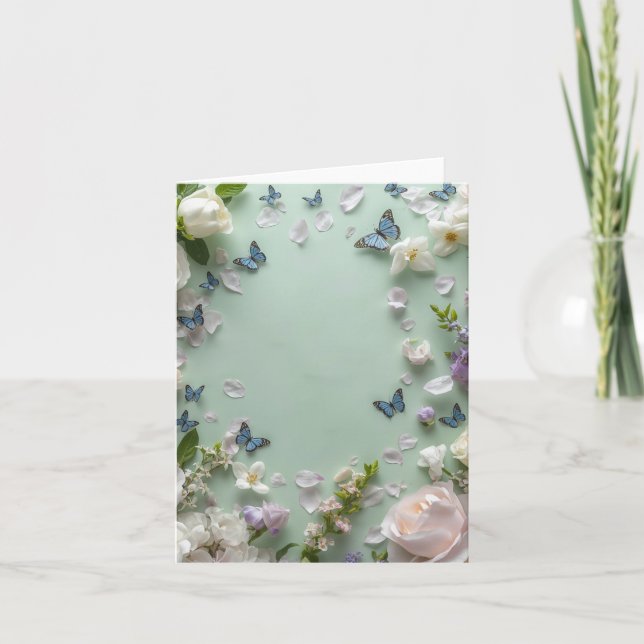 Greenbackground, butterflies & flowers Blank Card  (Front)
