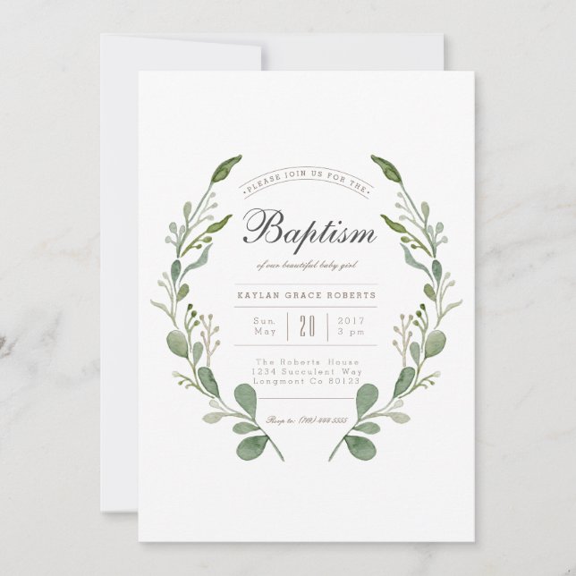 Greener Wreath | Watercolor Baptism Invite (Front)