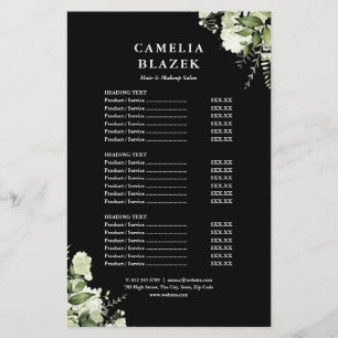 Greenery 2 Sided Black Service Menu Price List