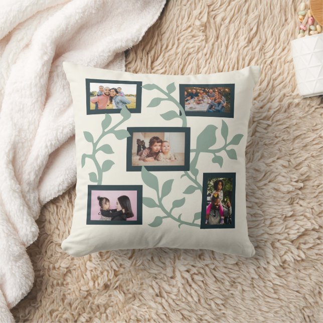Greenery 5 Photo Family Collage Throw Pillow (Blanket)