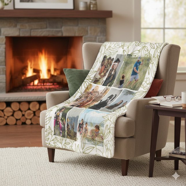Greenery 9 Photo Collage Personalized  Sherpa Blanket (blanket mockup in a cozy living room)