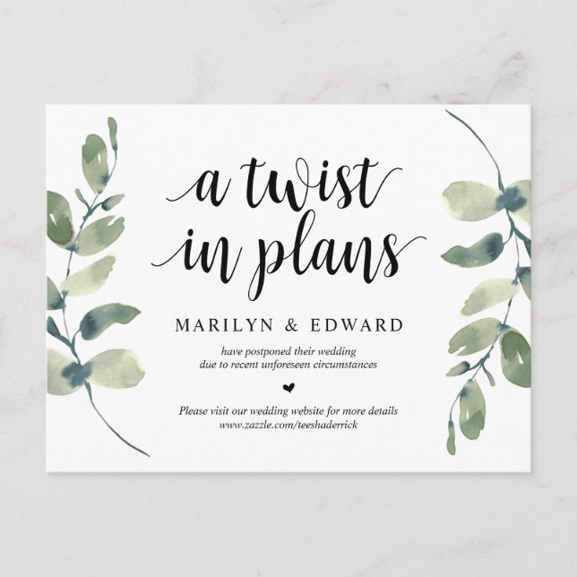 Greenery, A twist in Plans, Wedding Postponed Postcard (Front)