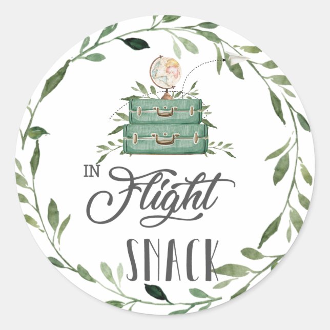 Greenery Adventure Suitcase In Flight Snack Favour Classic Round Sticker (Front)