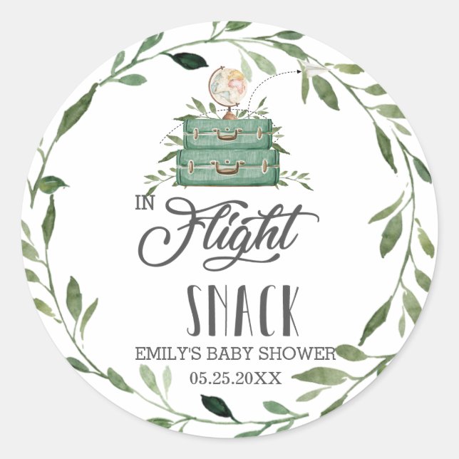 Greenery Adventure Suitcase In Flight Snack Favour Classic Round Sticker (Front)