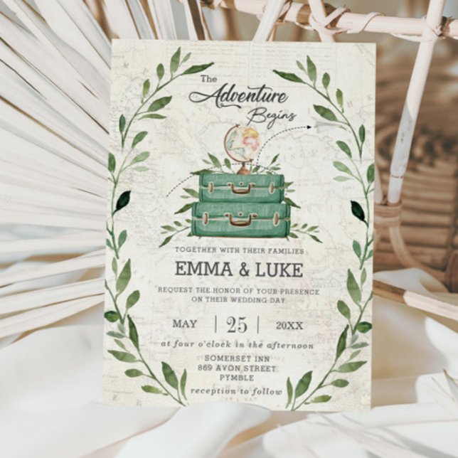 Greenery Adventure Wedding Suitcase Travel Journey Invitation (greenery-the-adventure-begins-stacked-suitcases-globe-travel-wedding-invitation-cards-printed)
