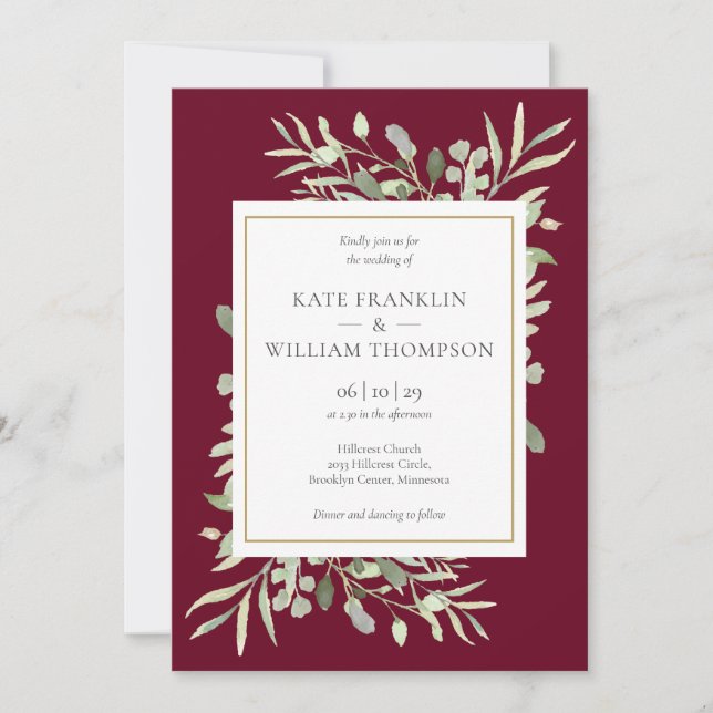 Greenery All In One QR Code Burgundy Wedding Invitation (Front)