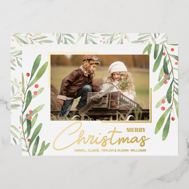 Greenery and Berries Christmas Photo Foil Holiday Card (Front/Back)