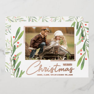 Greenery and Berries Christmas Photo Foil Holiday Card