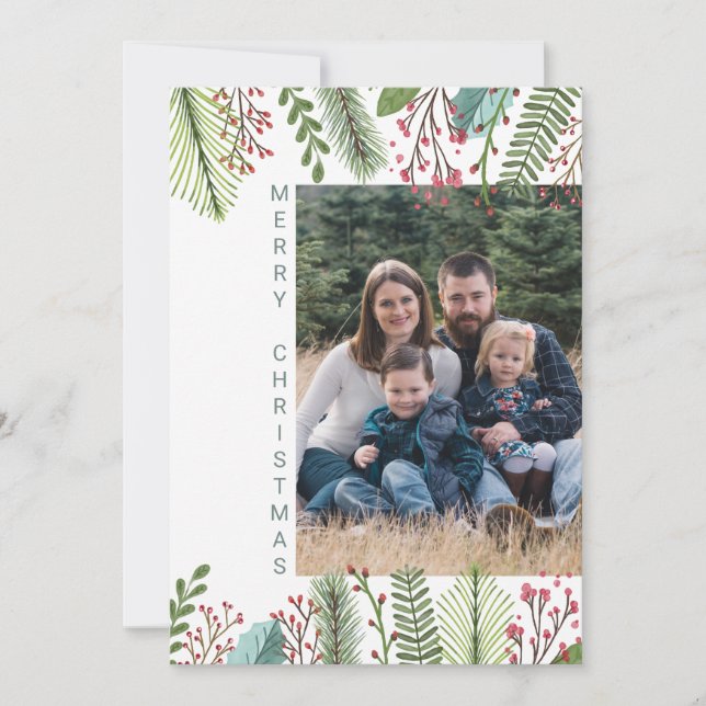 Greenery And Berries Photo Merry Christmas Holiday Card (Front)