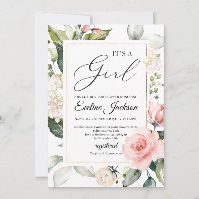 Greenery and blush floral frame gold it's a girl invitation (Front)
