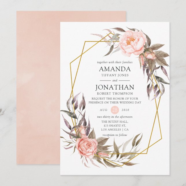 Greenery and Blush Pink Floral Wedding Invitation (Front/Back)