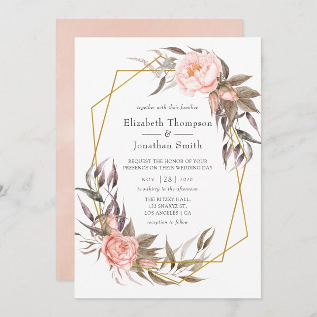 Greenery and Blush Pink Floral Wedding Invitation (Front/Back)
