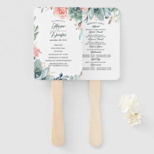 Greenery and Blush Pink Rose Wedding Program Hand Fan