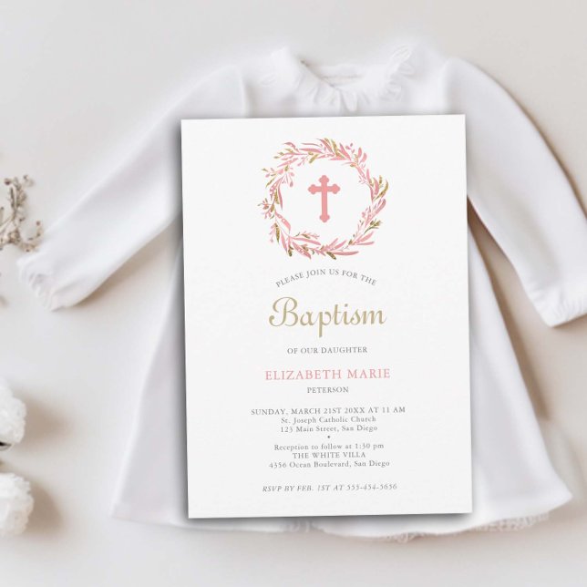 Greenery and Cross Coral Gold Baby Girl Baptism Invitation (greenery baby girl baptism christening invitation botanical wreath cross gold coral white elegant )