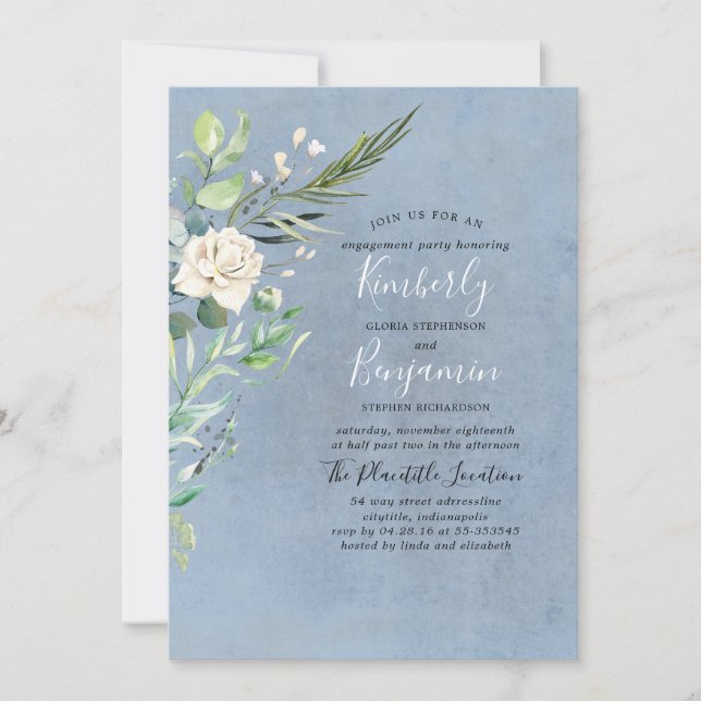 Greenery and Dusty Blue Wedding Engagement Party Invitation (Front)