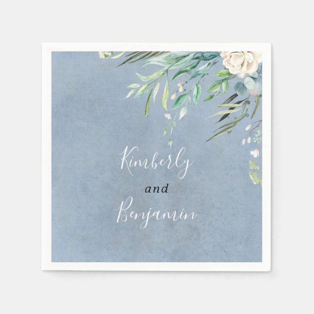 Greenery and Dusty Blue Wedding Napkin (Front)