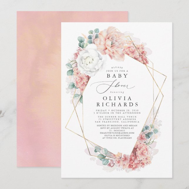 Greenery and Dusty Rose Floral Baby Shower Invitation (Front/Back)
