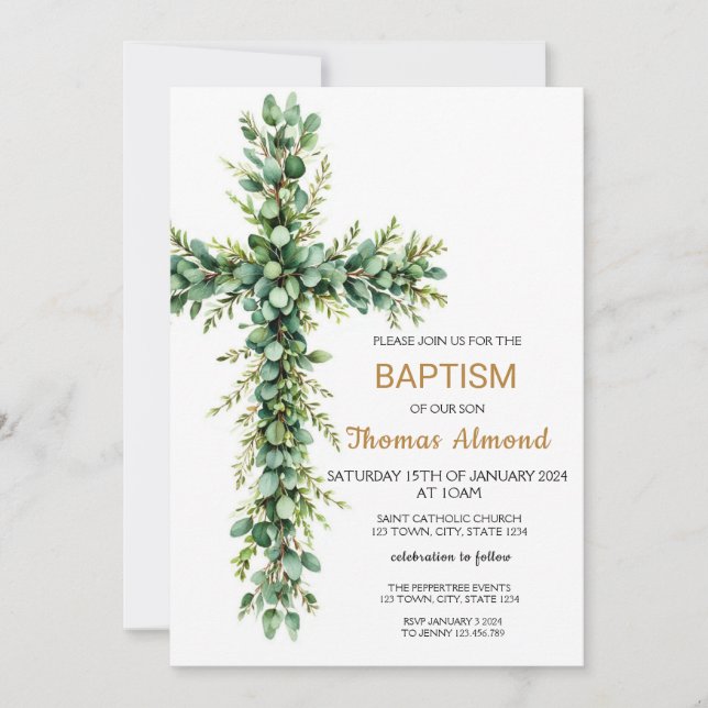 Greenery and Eucalypt Boys Gold Baptism Invitation (Front)
