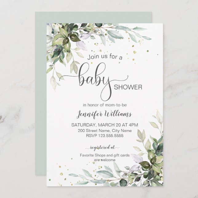 Greenery and eucalyptus baby shower invitation (Front/Back)