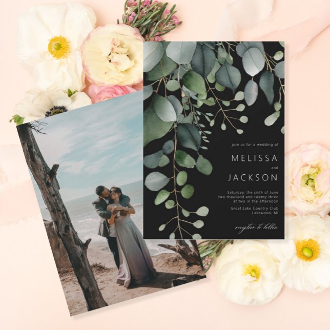Greenery and Eucalyptus Wedding Black Invitation (Creator Uploaded)