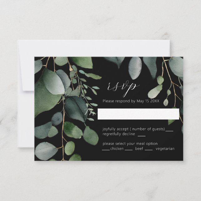 Greenery and Eucalyptus Wedding Black RSVP Card (Front)