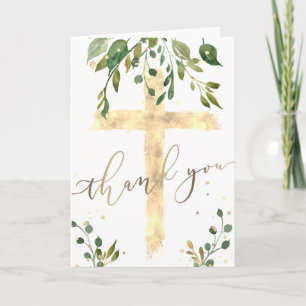 greenery and faux gold foil cross  Thank you Card