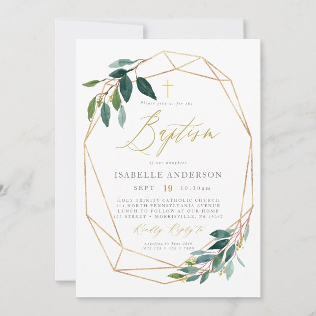 Greenery and geometric frame baptism invitation (Front)