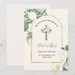 Greenery And Gold Baptism Christening  Invitation