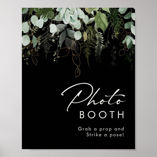 Greenery and Gold | Black Photo Booth Sign (Front)