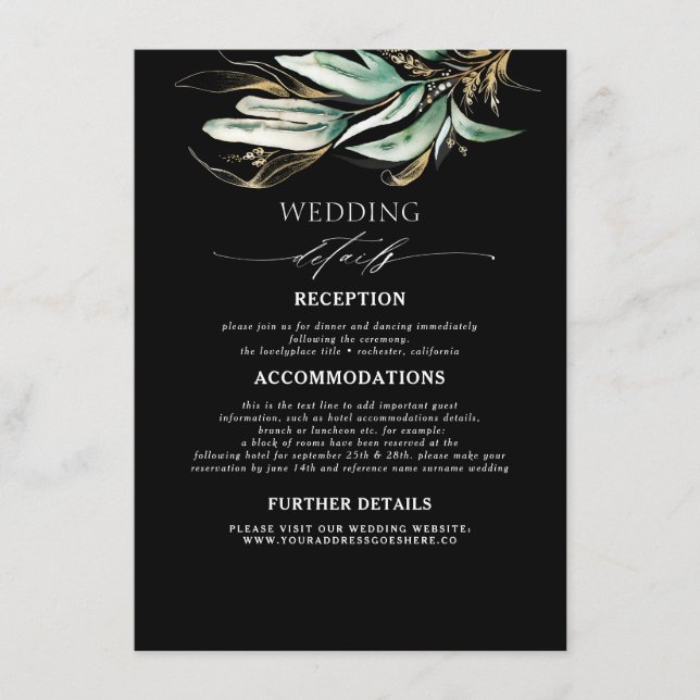 Greenery and Gold Black Wedding Details Enclosure Card (Front)