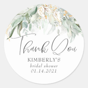 Greenery and Gold Boho Watercolor Leaves Thank You Classic Round Sticker