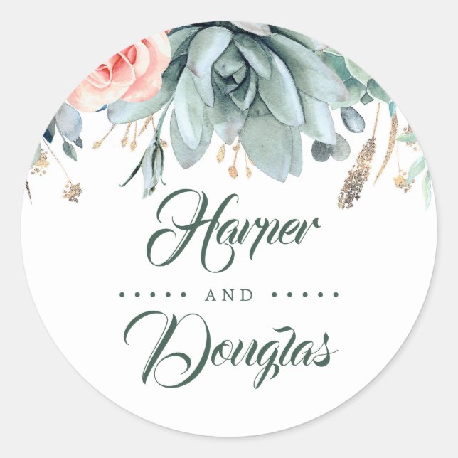 Greenery and Gold Botanical Elegant Wedding Classic Round Sticker (Front)