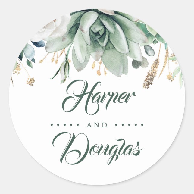 Greenery and Gold | Botanical Elegant Wedding Classic Round Sticker (Front)