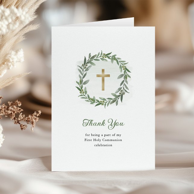 Greenery and Gold Cross | First Holy Communion Thank You Card (Creator Uploaded)