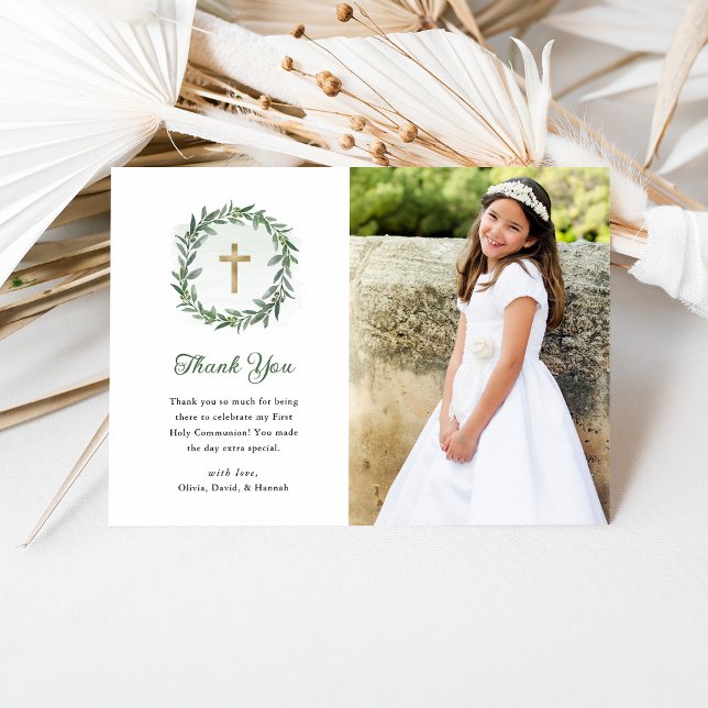 Greenery and Gold Cross | Photo First Communion Thank You Card (Creator Uploaded)