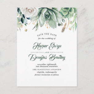 Greenery and Gold Elegant Botanical Save the Date Announcement Postcard