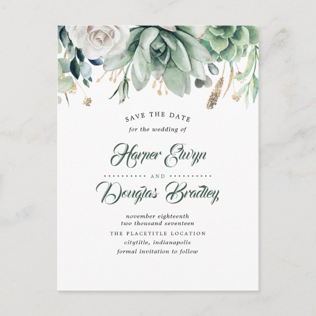 Greenery and Gold Elegant Botanical Save the Date Announcement Postcard (Front)