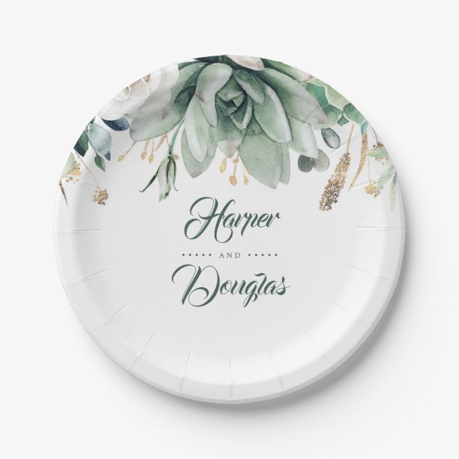 Greenery and Gold Elegant Garden Wedding Paper Plate (Front)