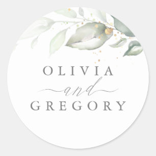 Greenery and Gold Elegant Romantic Wedding Classic Round Sticker