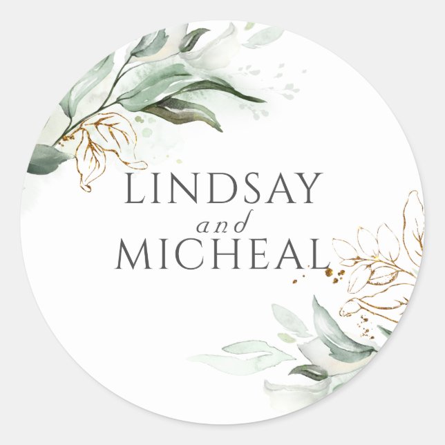Greenery and Gold Eucalyptus Wedding Classic Round Sticker (Front)